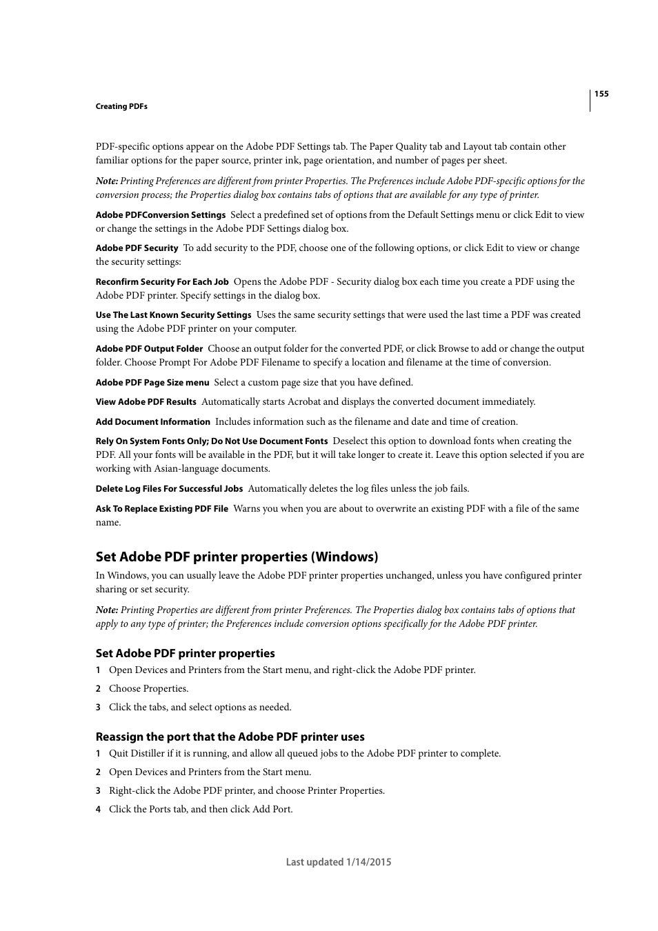 Set adobe pdf printer properties (windows), Set adobe pdf printer properties, Reassign the port that the adobe pdf printer uses | Adobe Acrobat XI User Manual | Page 162 / 590