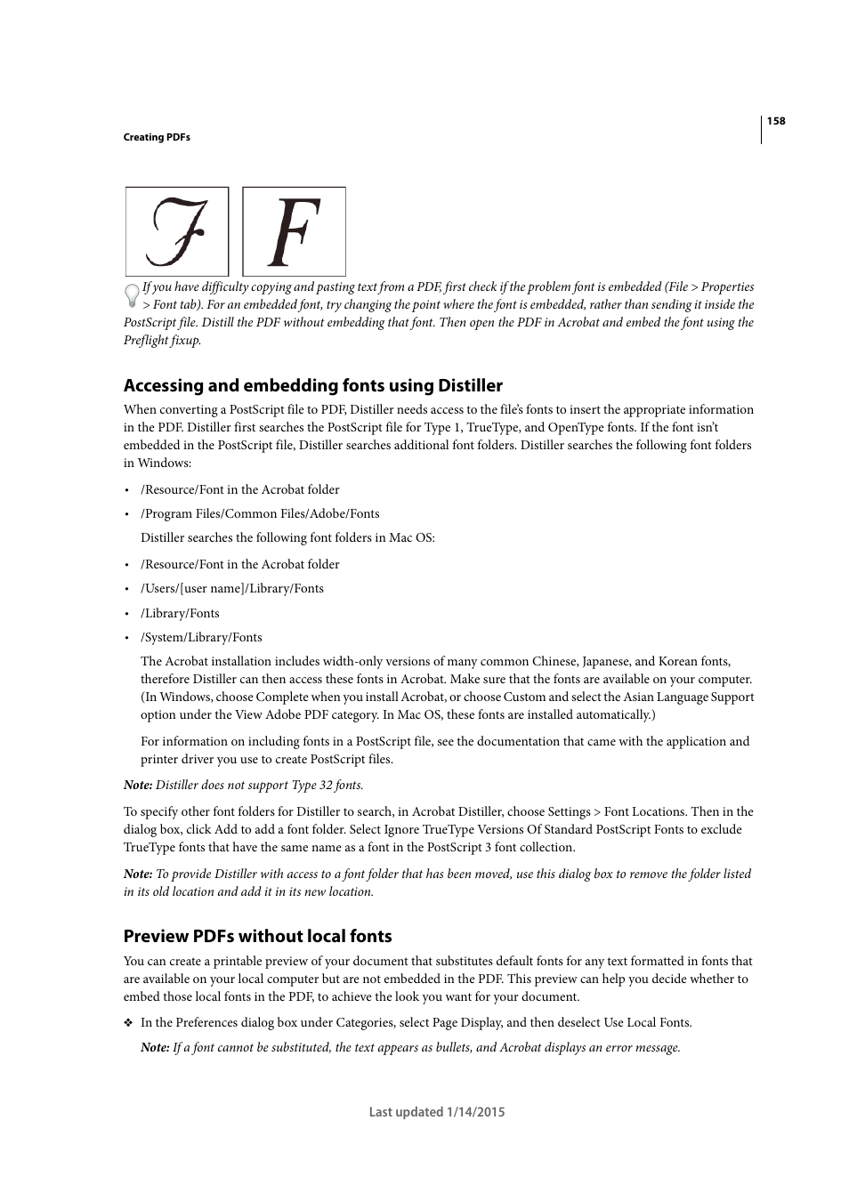 Accessing and embedding fonts using distiller, Preview pdfs without local fonts | Adobe Acrobat XI User Manual | Page 165 / 590