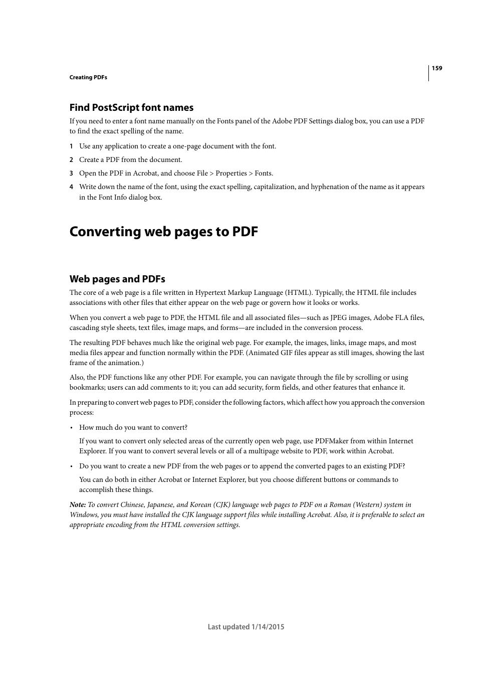 Find postscript font names, Converting web pages to pdf, Web pages and pdfs | Adobe Acrobat XI User Manual | Page 166 / 590