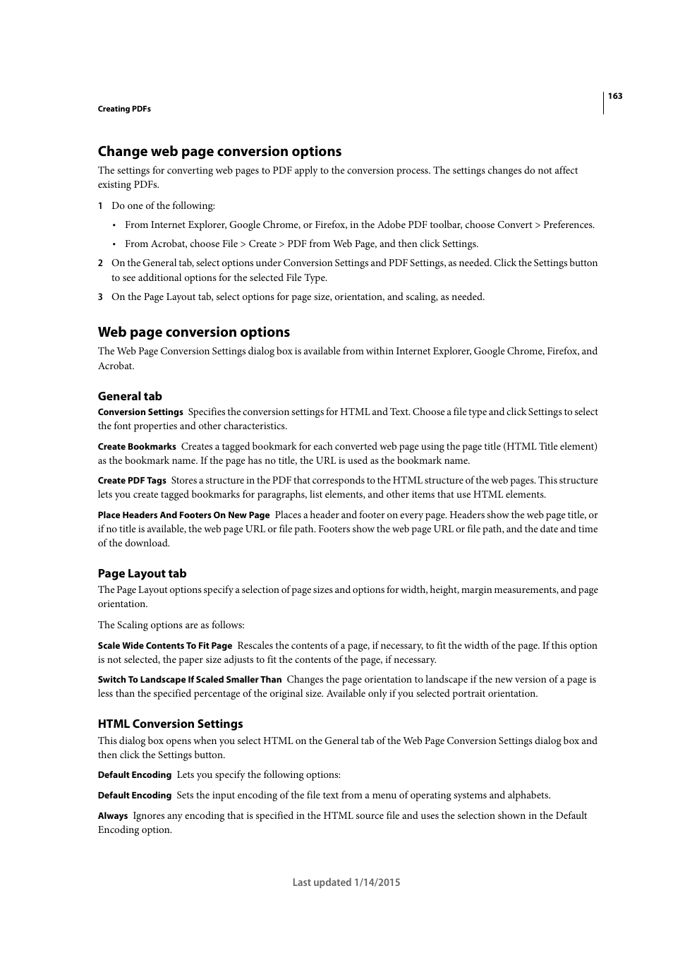 General tab, Html conversion settings, Change web page conversion options | Web page conversion options | Adobe Acrobat XI User Manual | Page 170 / 590