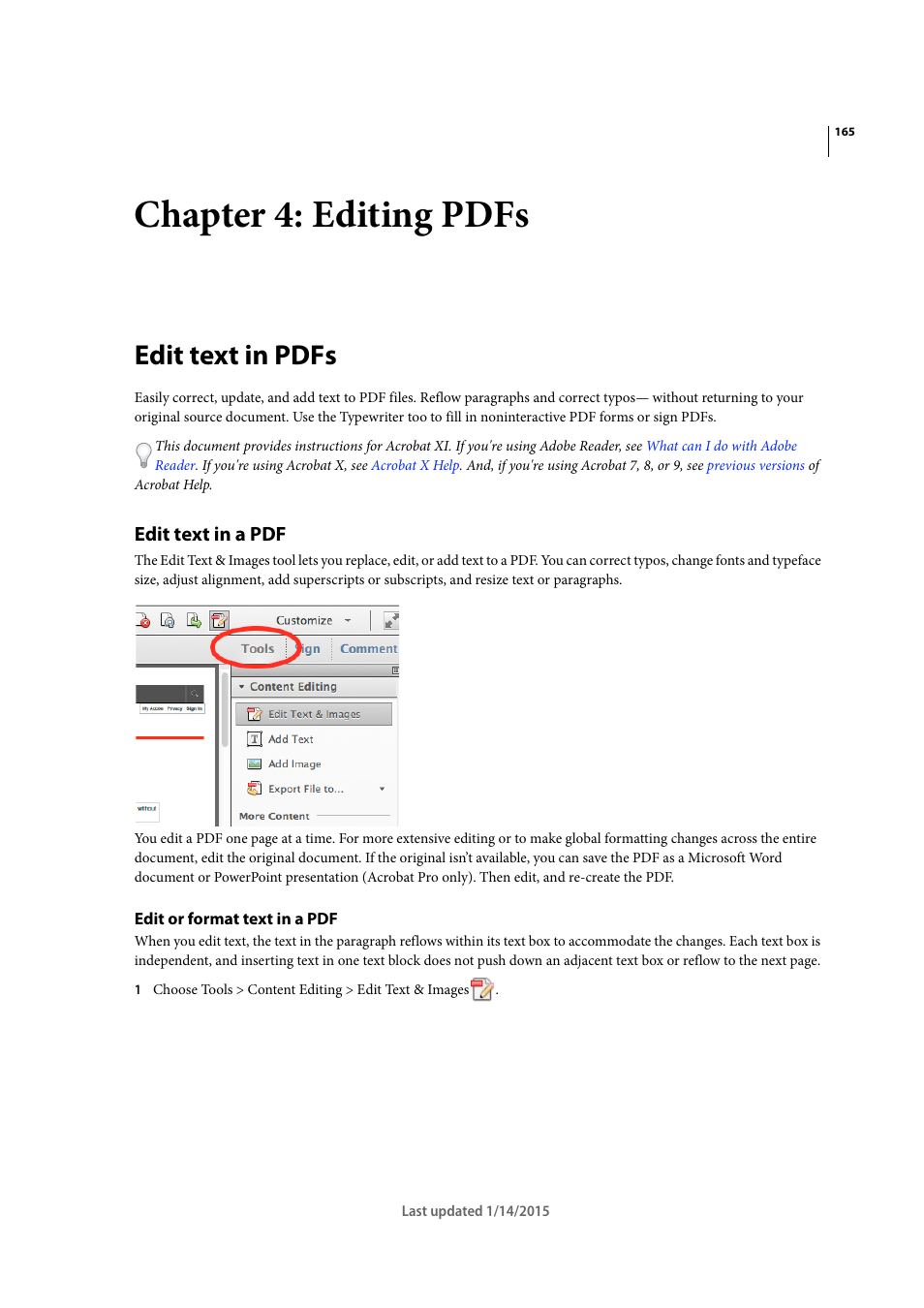 Chapter 4: editing pdfs, Edit text in pdfs, Edit text in a pdf | Edit or format text in a pdf | Adobe Acrobat XI User Manual | Page 172 / 590