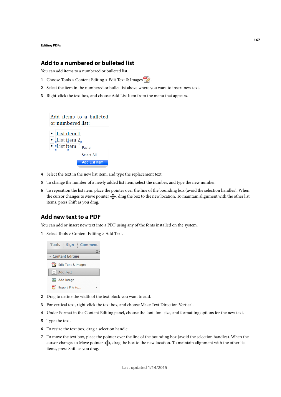 Add to a numbered or bulleted list, Add new text to a pdf | Adobe Acrobat XI User Manual | Page 174 / 590