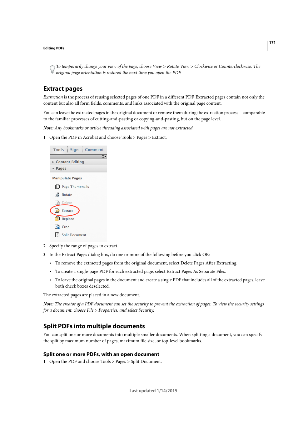 Split pdfs into multiple documents, Split one or more pdfs, with an open document, Extract pages | Adobe Acrobat XI User Manual | Page 178 / 590