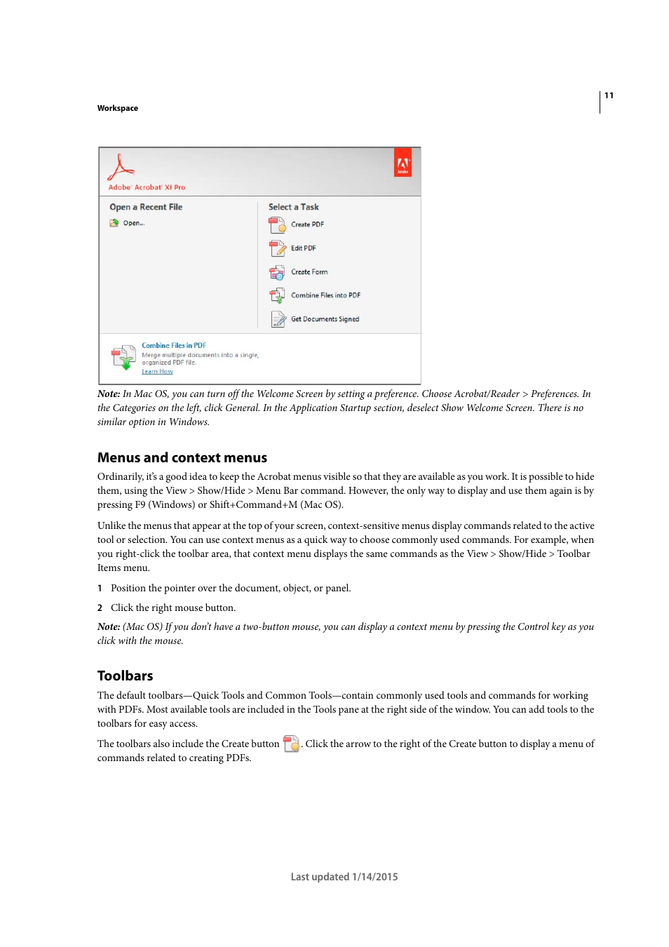 Menus and context menus, Toolbars | Adobe Acrobat XI User Manual | Page 18 / 590