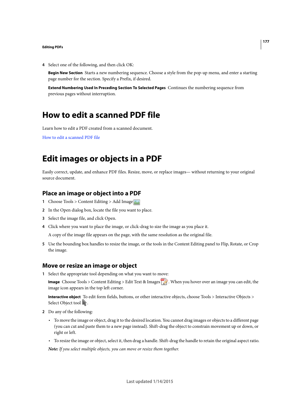 How to edit a scanned pdf file, Edit images or objects in a pdf, Place an image or object into a pdf | Move or resize an image or object | Adobe Acrobat XI User Manual | Page 184 / 590