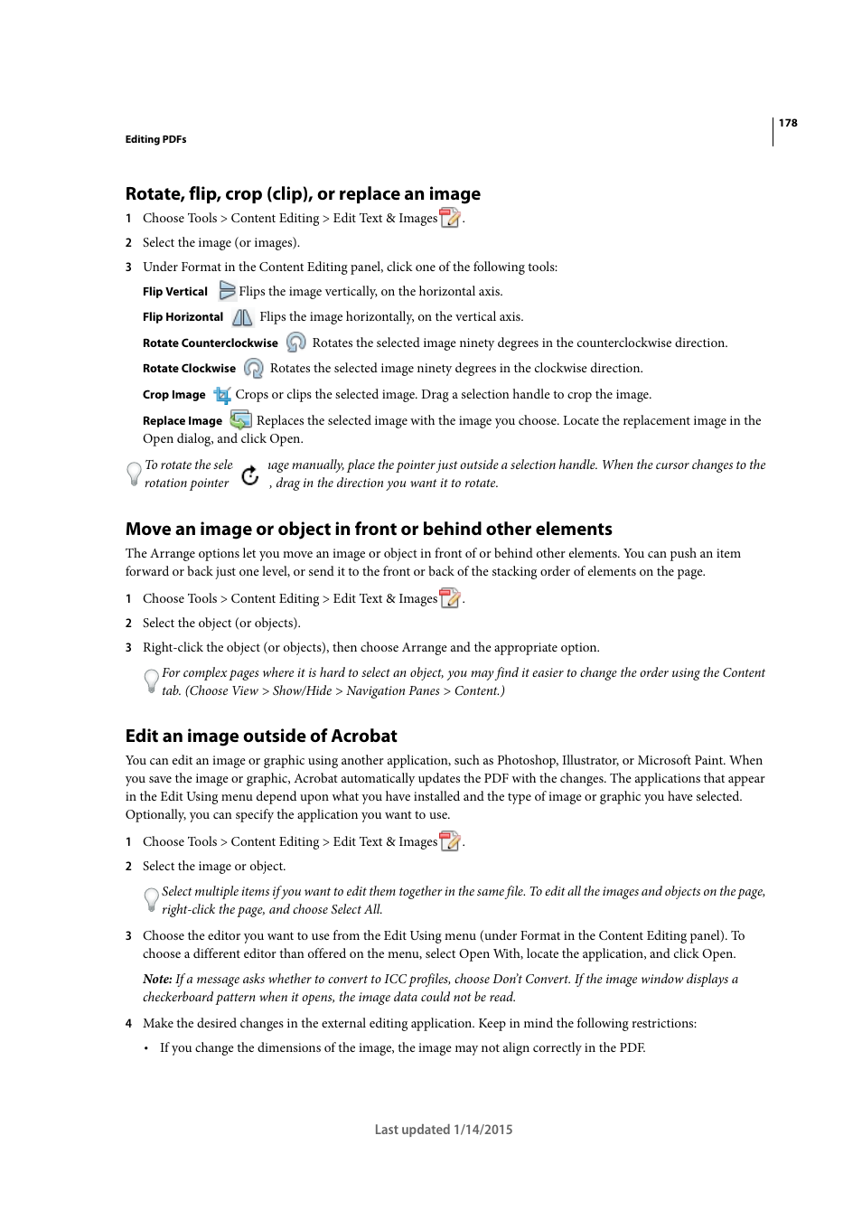 Rotate, flip, crop (clip), or replace an image, Edit an image outside of acrobat | Adobe Acrobat XI User Manual | Page 185 / 590