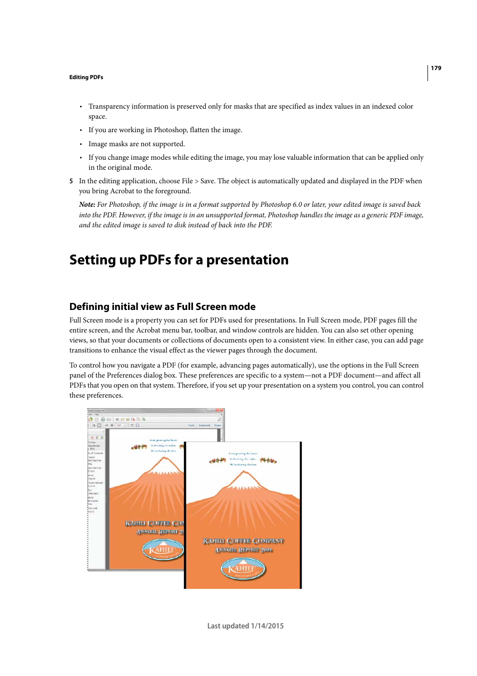 Setting up pdfs for a presentation, Defining initial view as full screen mode | Adobe Acrobat XI User Manual | Page 186 / 590