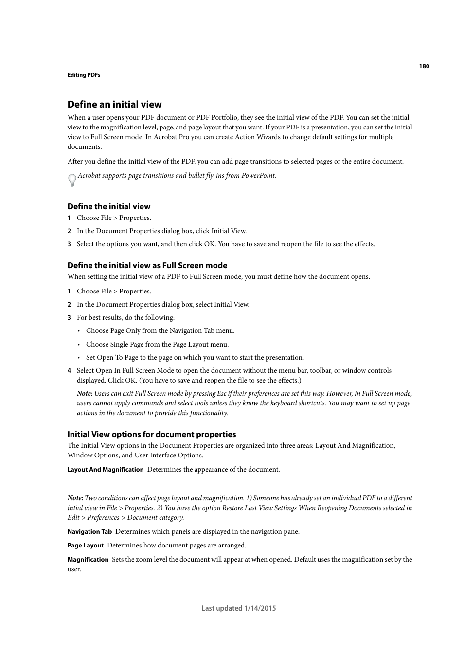 Define an initial view, Define the initial view, Define the initial view as full screen mode | Initial view options for document properties | Adobe Acrobat XI User Manual | Page 187 / 590