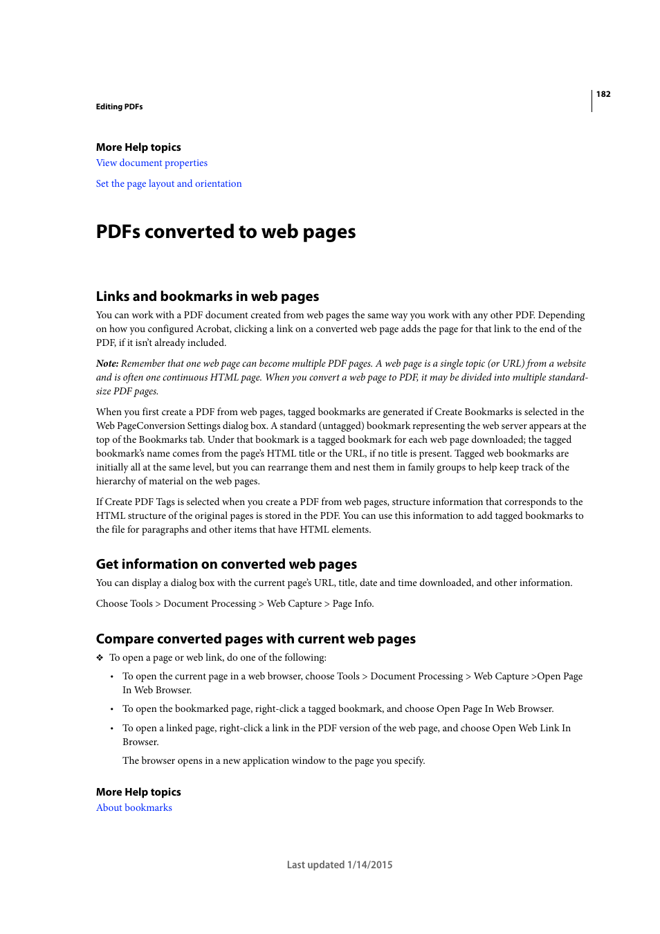 Pdfs converted to web pages, Links and bookmarks in web pages, Get information on converted web pages | Compare converted pages with current web pages | Adobe Acrobat XI User Manual | Page 189 / 590