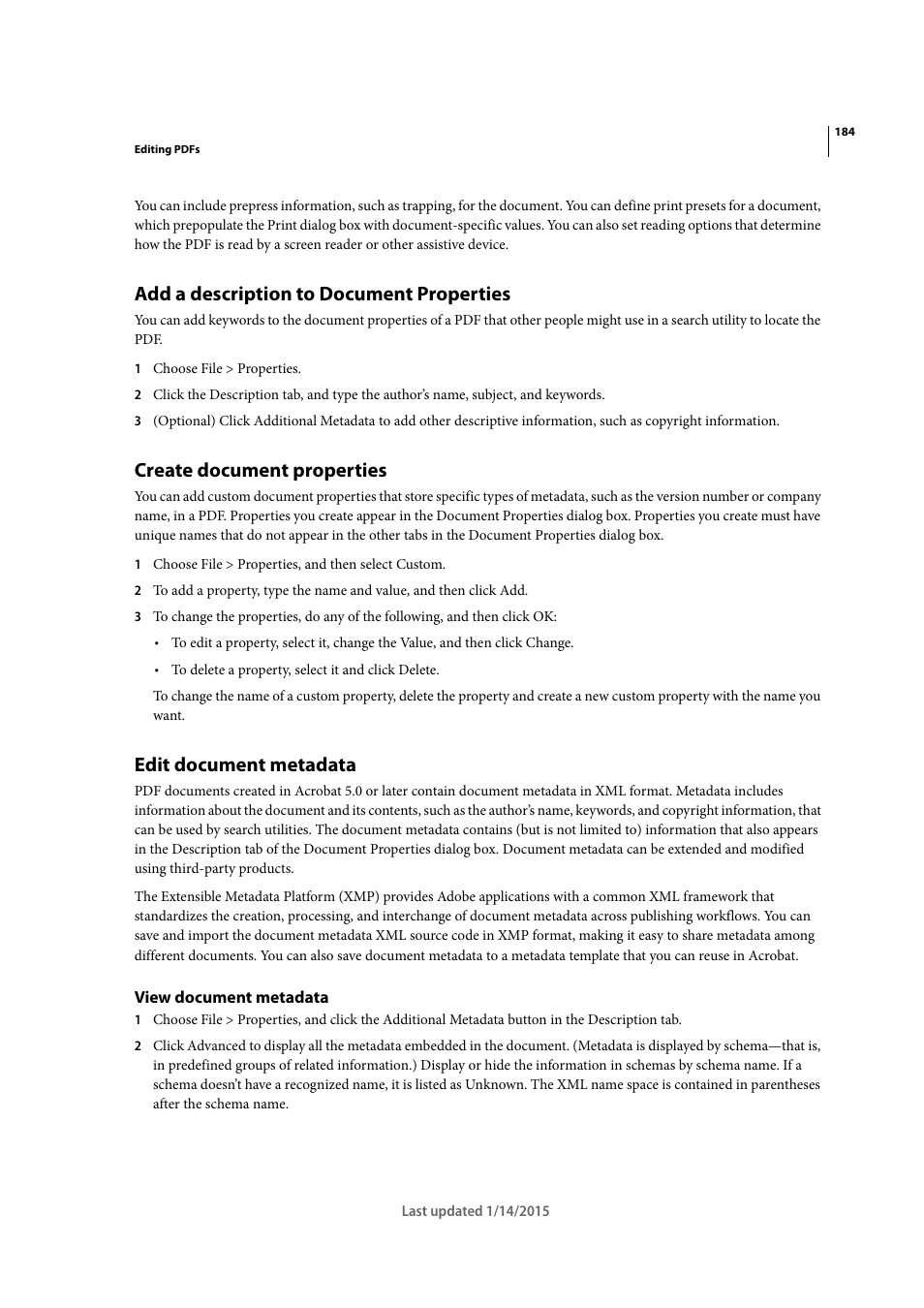 Add a description to document properties, Create document properties, Edit document metadata | View document metadata | Adobe Acrobat XI User Manual | Page 191 / 590