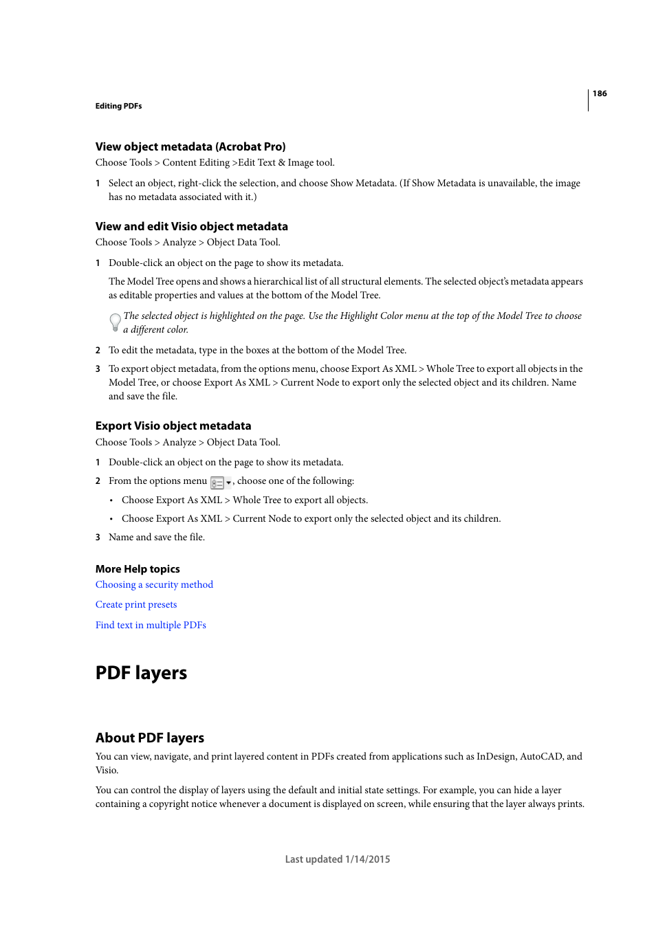 View object metadata (acrobat pro), View and edit visio object metadata, Export visio object metadata | Pdf layers, About pdf layers | Adobe Acrobat XI User Manual | Page 193 / 590