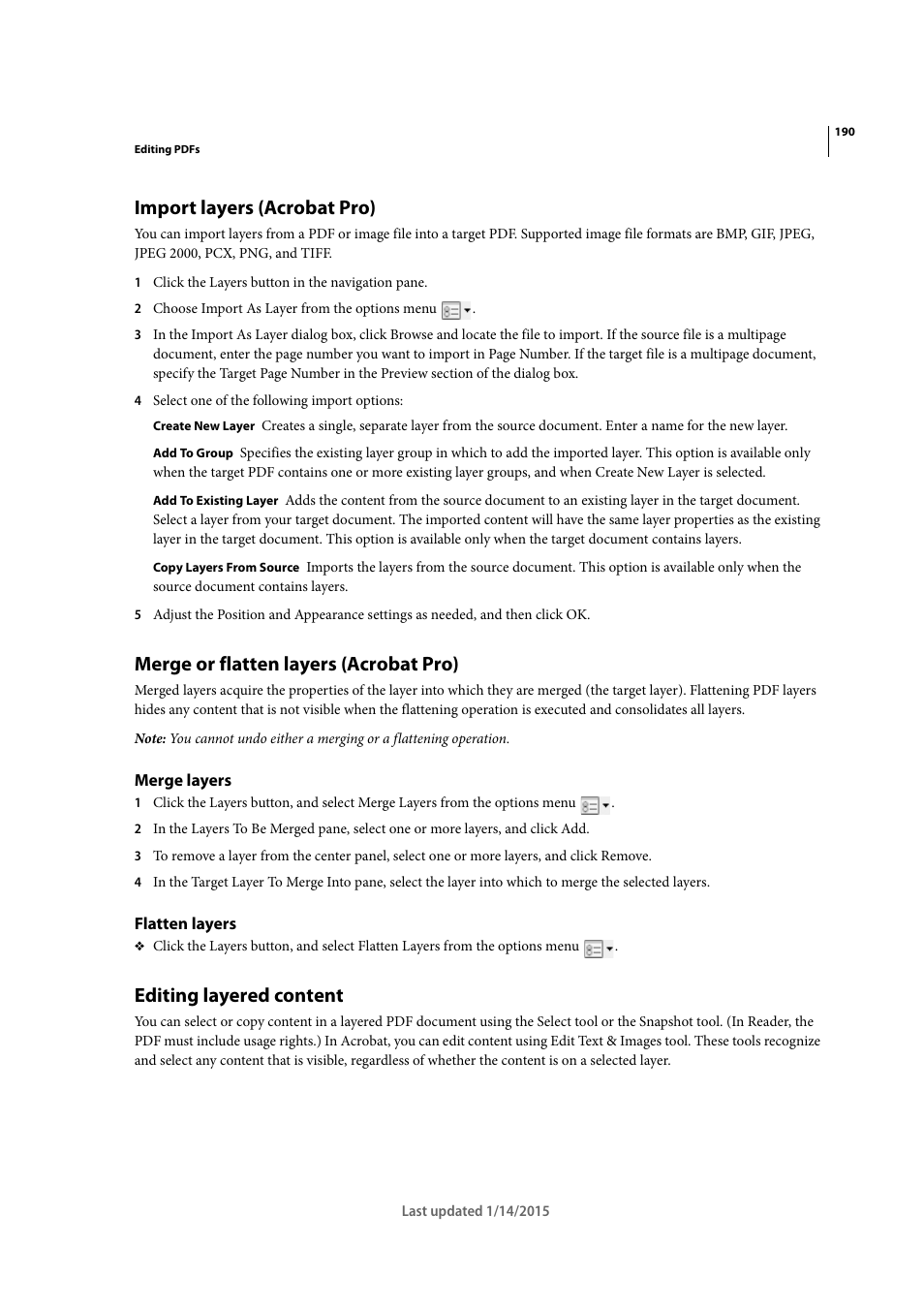 Import layers (acrobat pro), Merge or flatten layers (acrobat pro), Merge layers | Flatten layers, Editing layered content | Adobe Acrobat XI User Manual | Page 197 / 590