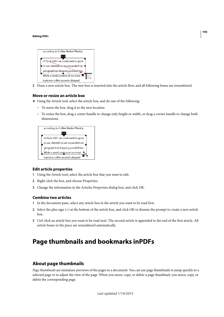 Move or resize an article box, Edit article properties, Combine two articles | Page thumbnails and bookmarks inpdfs, About page thumbnails | Adobe Acrobat XI User Manual | Page 200 / 590