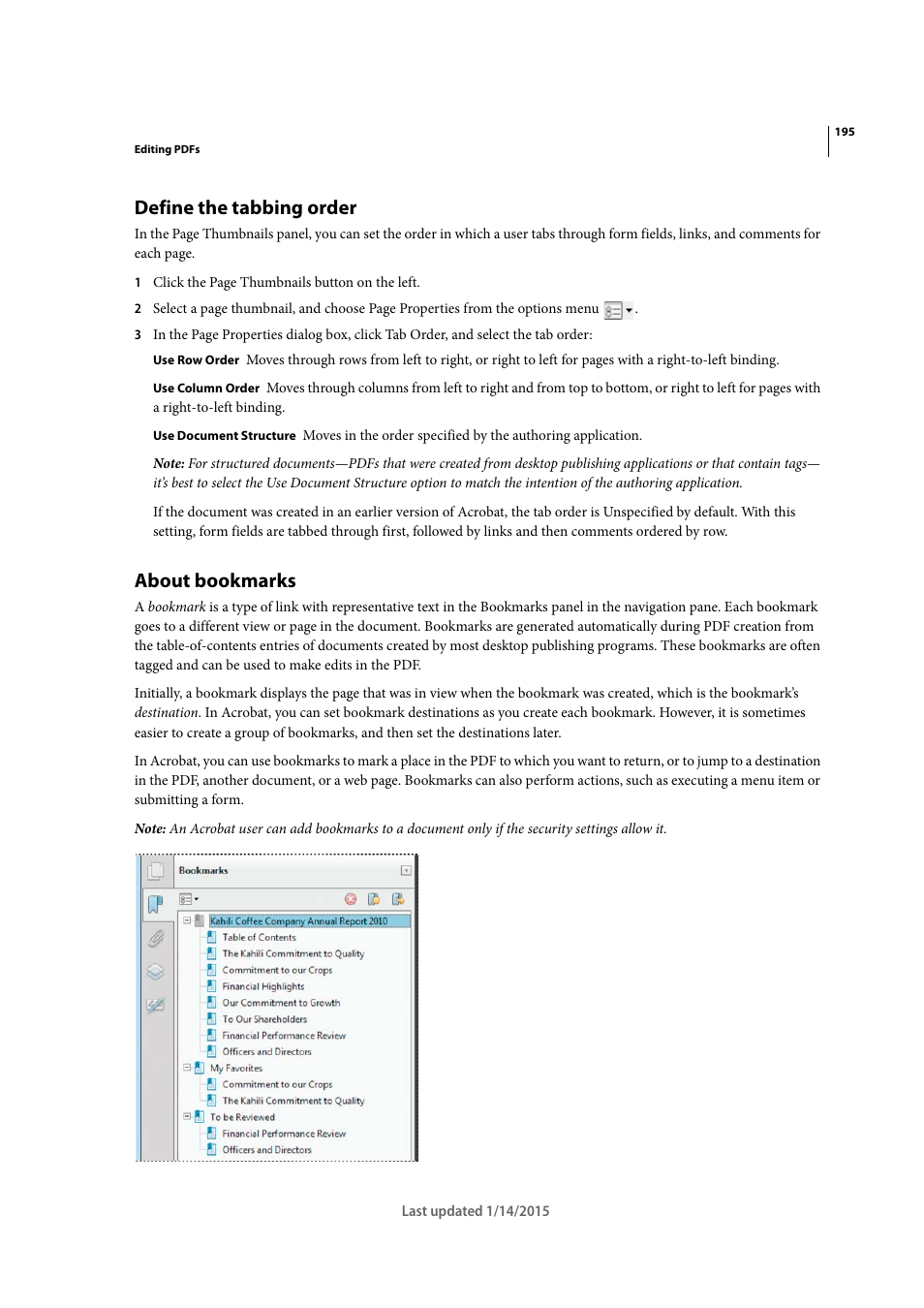 Define the tabbing order, About bookmarks | Adobe Acrobat XI User Manual | Page 202 / 590