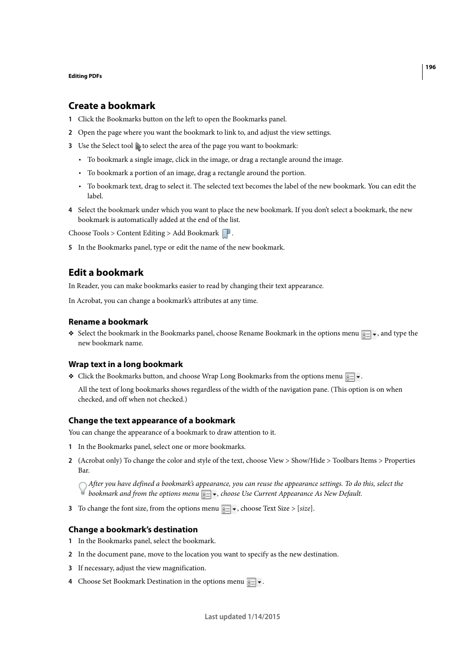 Create a bookmark, Edit a bookmark, Rename a bookmark | Wrap text in a long bookmark, Change the text appearance of a bookmark, Change a bookmark’s destination | Adobe Acrobat XI User Manual | Page 203 / 590