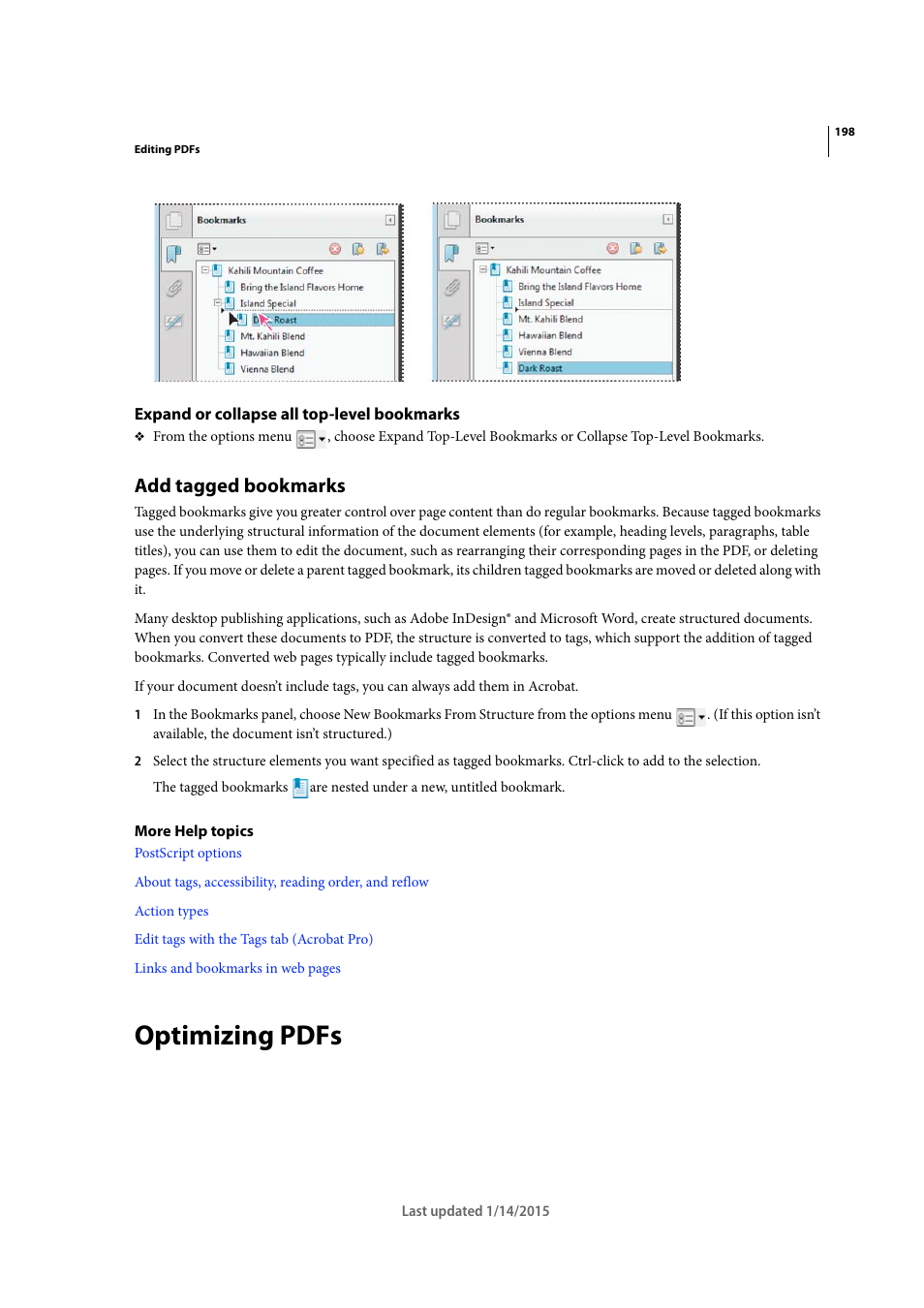 Expand or collapse all top-level bookmarks, Add tagged bookmarks, Optimizing pdfs | Adobe Acrobat XI User Manual | Page 205 / 590