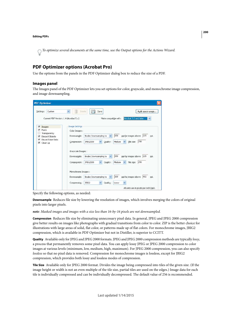 Pdf optimizer options (acrobat pro), Images panel | Adobe Acrobat XI User Manual | Page 207 / 590