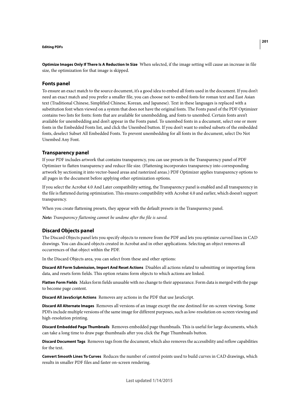 Fonts panel, Transparency panel, Discard objects panel | Adobe Acrobat XI User Manual | Page 208 / 590