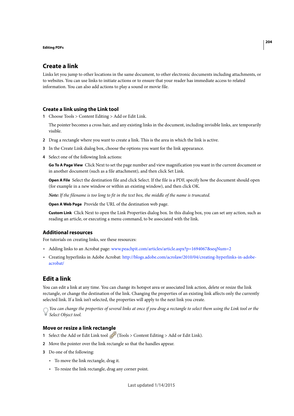 Create a link, Create a link using the link tool, Additional resources | Edit a link, Move or resize a link rectangle | Adobe Acrobat XI User Manual | Page 211 / 590
