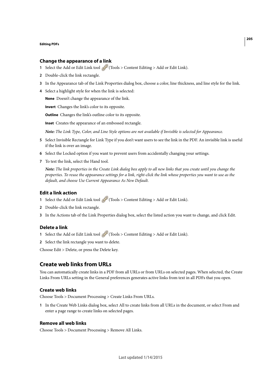 Change the appearance of a link, Edit a link action, Delete a link | Create web links from urls, Create web links, Remove all web links | Adobe Acrobat XI User Manual | Page 212 / 590