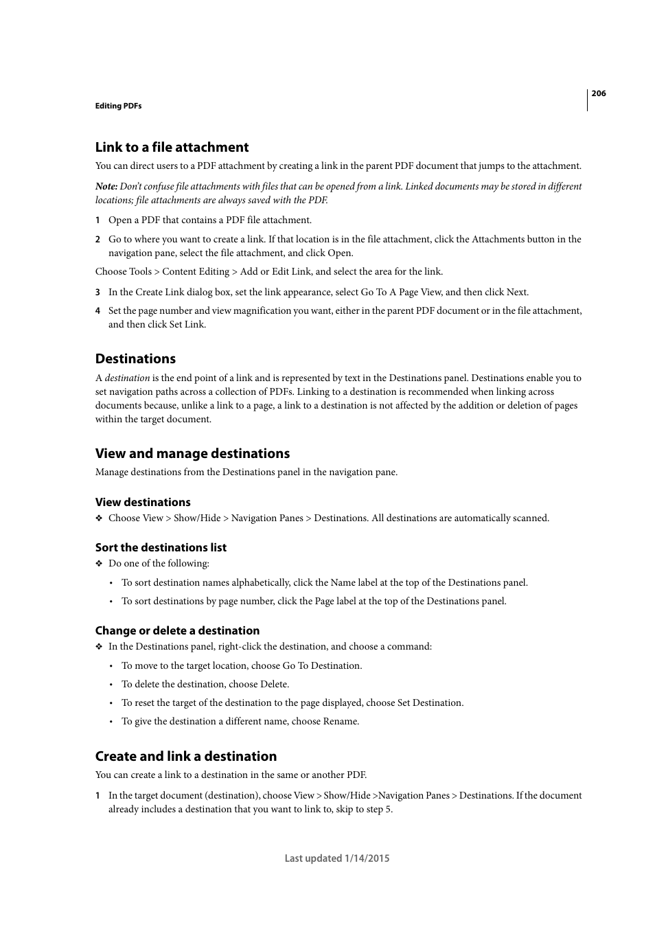 Link to a file attachment, Destinations, View and manage destinations | View destinations, Sort the destinations list, Change or delete a destination, Create and link a destination | Adobe Acrobat XI User Manual | Page 213 / 590