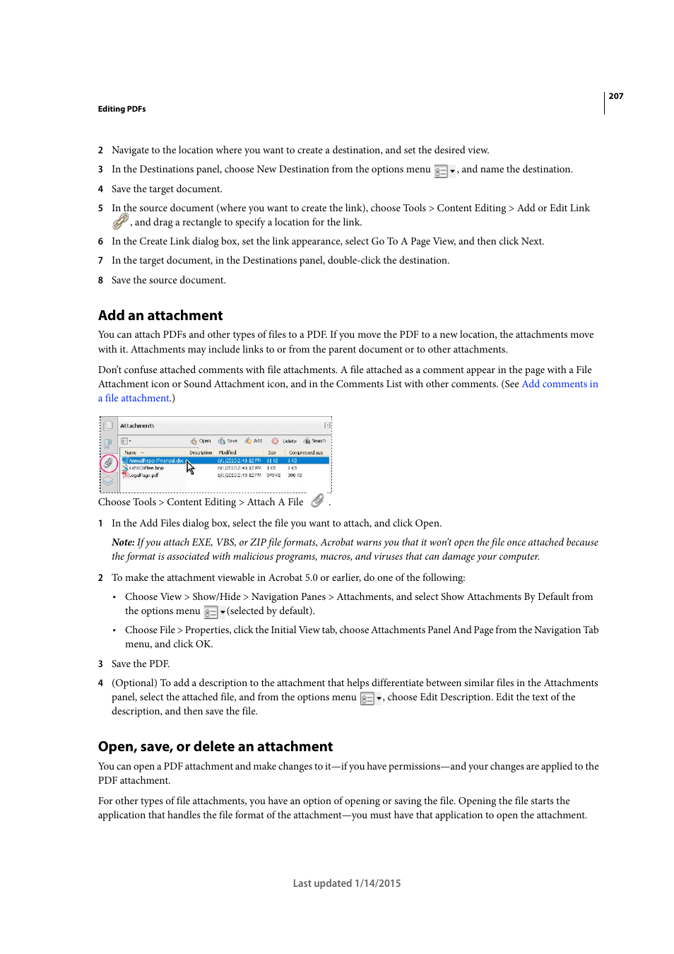 Add an attachment, Open, save, or delete an attachment | Adobe Acrobat XI User Manual | Page 214 / 590