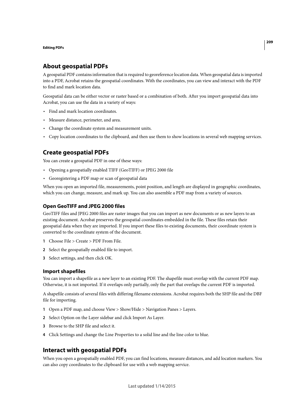 About geospatial pdfs, Create geospatial pdfs, Open geotiff and jpeg 2000 files | Import shapefiles, Interact with geospatial pdfs | Adobe Acrobat XI User Manual | Page 216 / 590