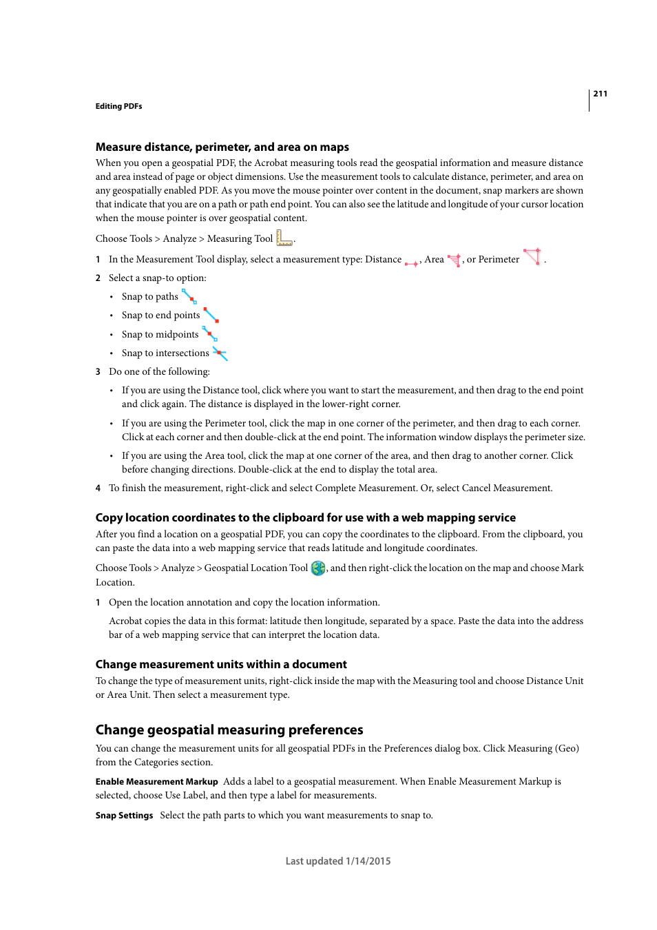 Measure distance, perimeter, and area on maps, Change measurement units within a document, Change geospatial measuring preferences | Adobe Acrobat XI User Manual | Page 218 / 590