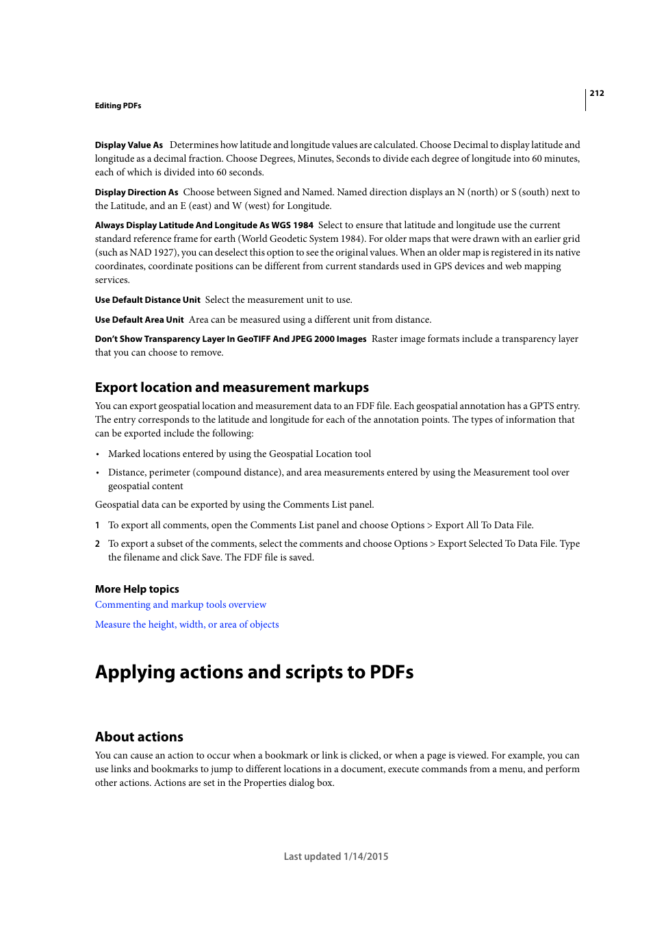 Export location and measurement markups, Applying actions and scripts to pdfs, About actions | Adobe Acrobat XI User Manual | Page 219 / 590