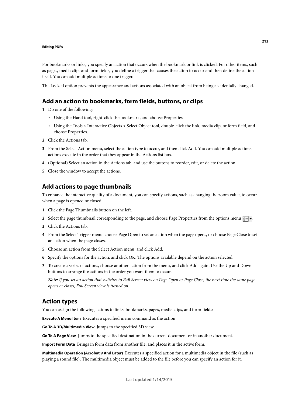 Action types, Add actions to page thumbnails | Adobe Acrobat XI User Manual | Page 220 / 590