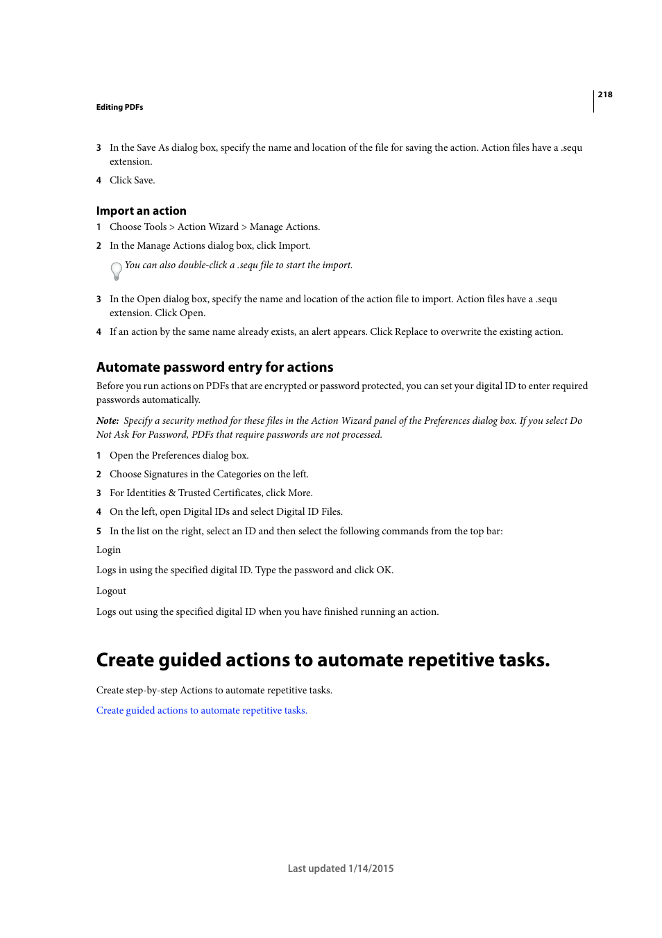 Import an action, Automate password entry for actions, Create guided actions to automate repetitive tasks | Adobe Acrobat XI User Manual | Page 225 / 590