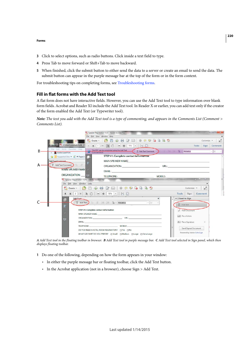 Fill in flat forms with the add text tool | Adobe Acrobat XI User Manual | Page 227 / 590