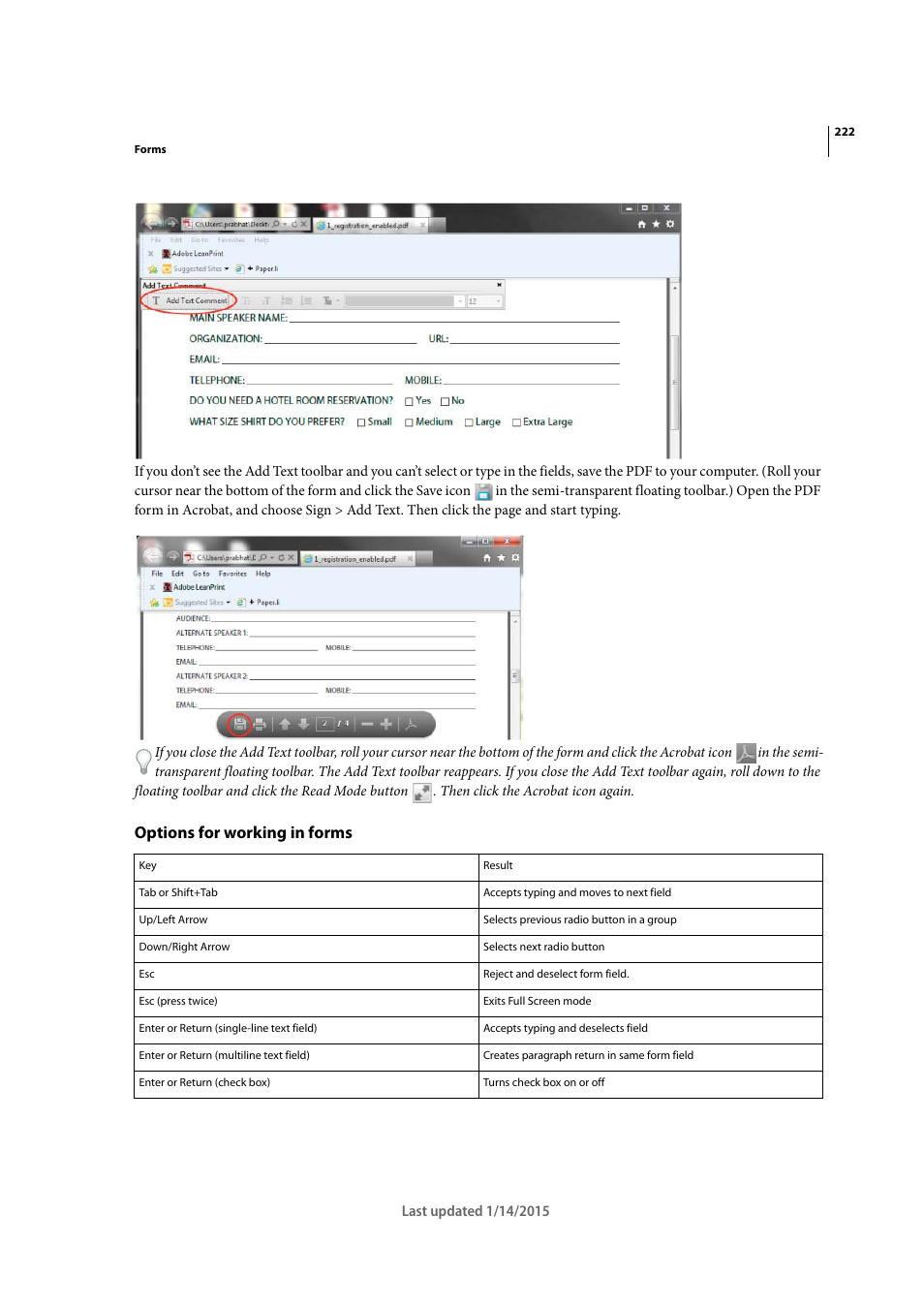 Options for working in forms | Adobe Acrobat XI User Manual | Page 229 / 590