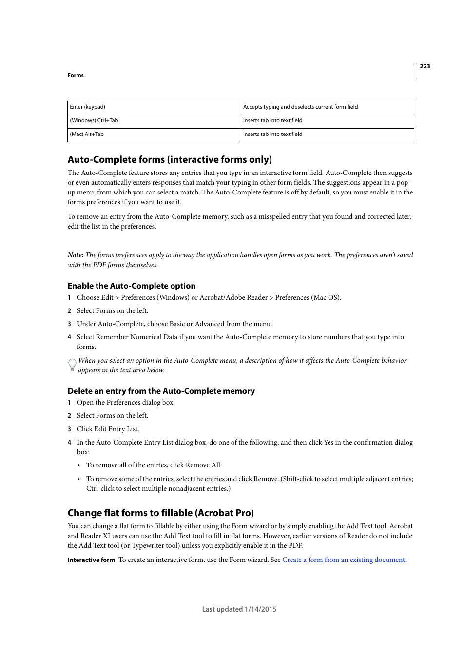 Auto-complete forms (interactive forms only), Enable the auto-complete option, Delete an entry from the auto-complete memory | Change flat forms to fillable (acrobat pro) | Adobe Acrobat XI User Manual | Page 230 / 590