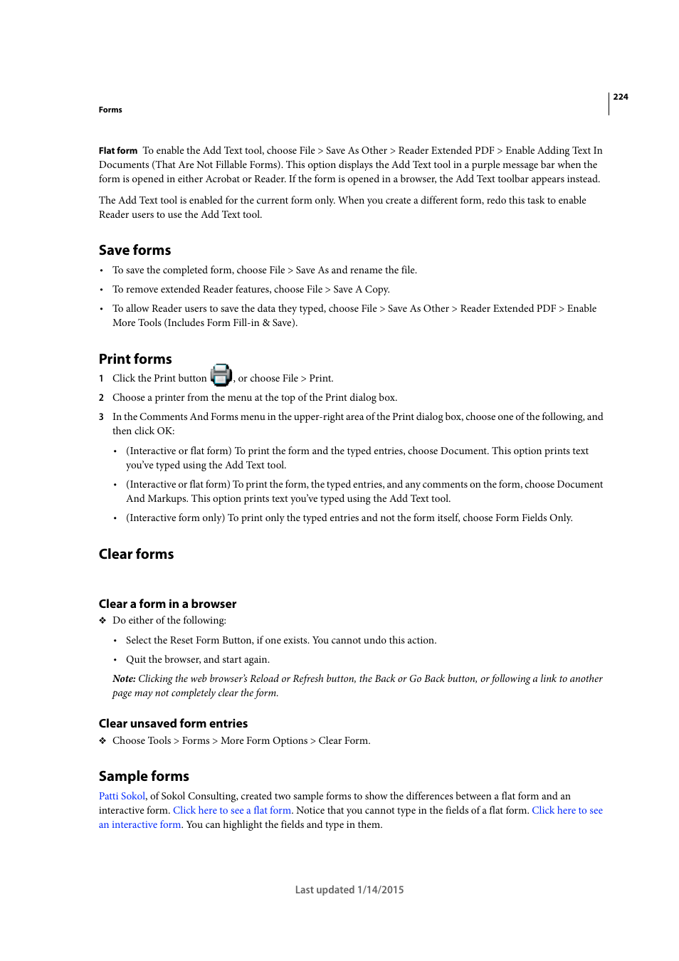 Save forms, Print forms, Clear forms | Clear a form in a browser, Clear unsaved form entries, Sample forms | Adobe Acrobat XI User Manual | Page 231 / 590