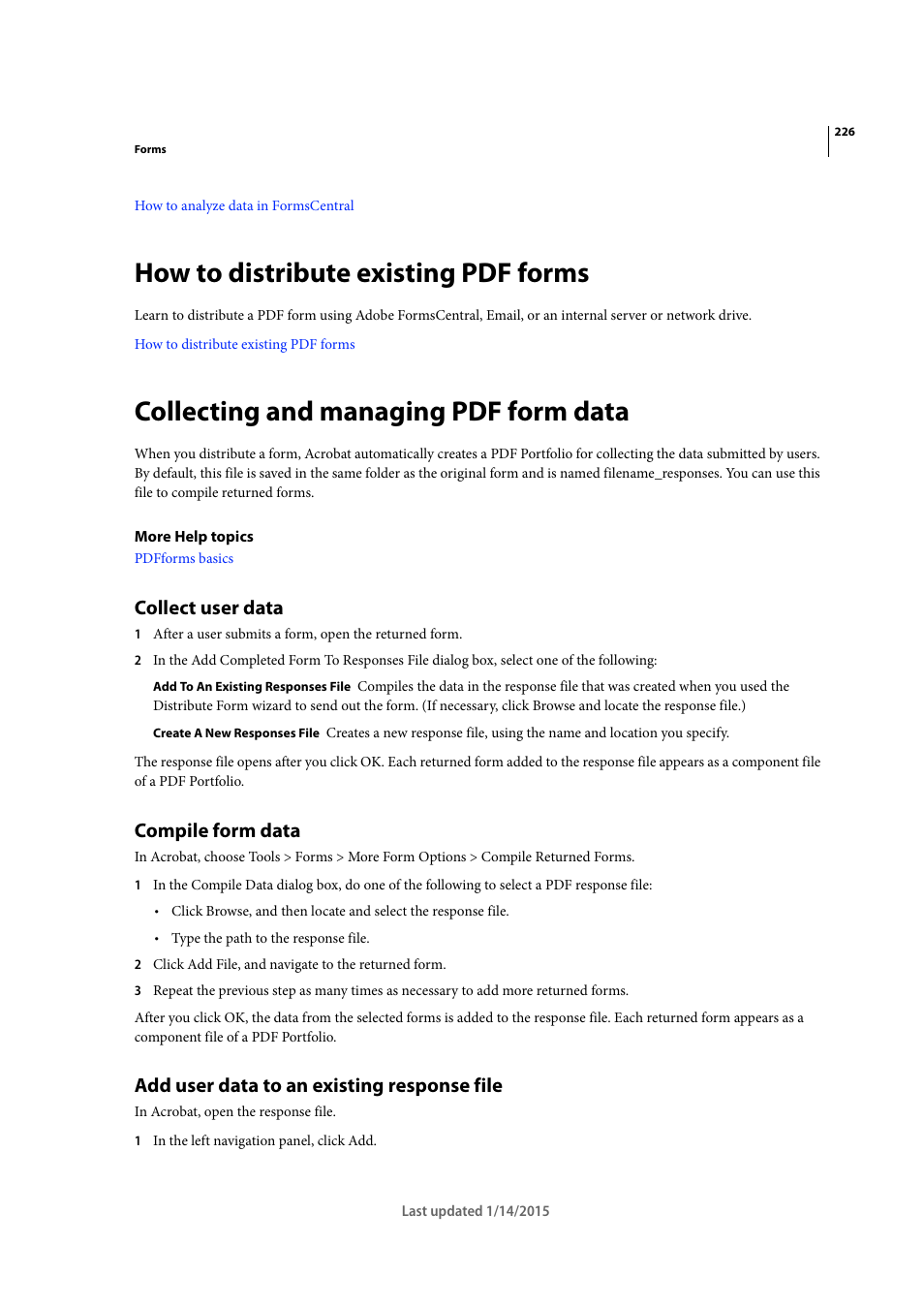 How to distribute existing pdf forms, Collecting and managing pdf form data, Collect user data | Compile form data, Add user data to an existing response file | Adobe Acrobat XI User Manual | Page 233 / 590