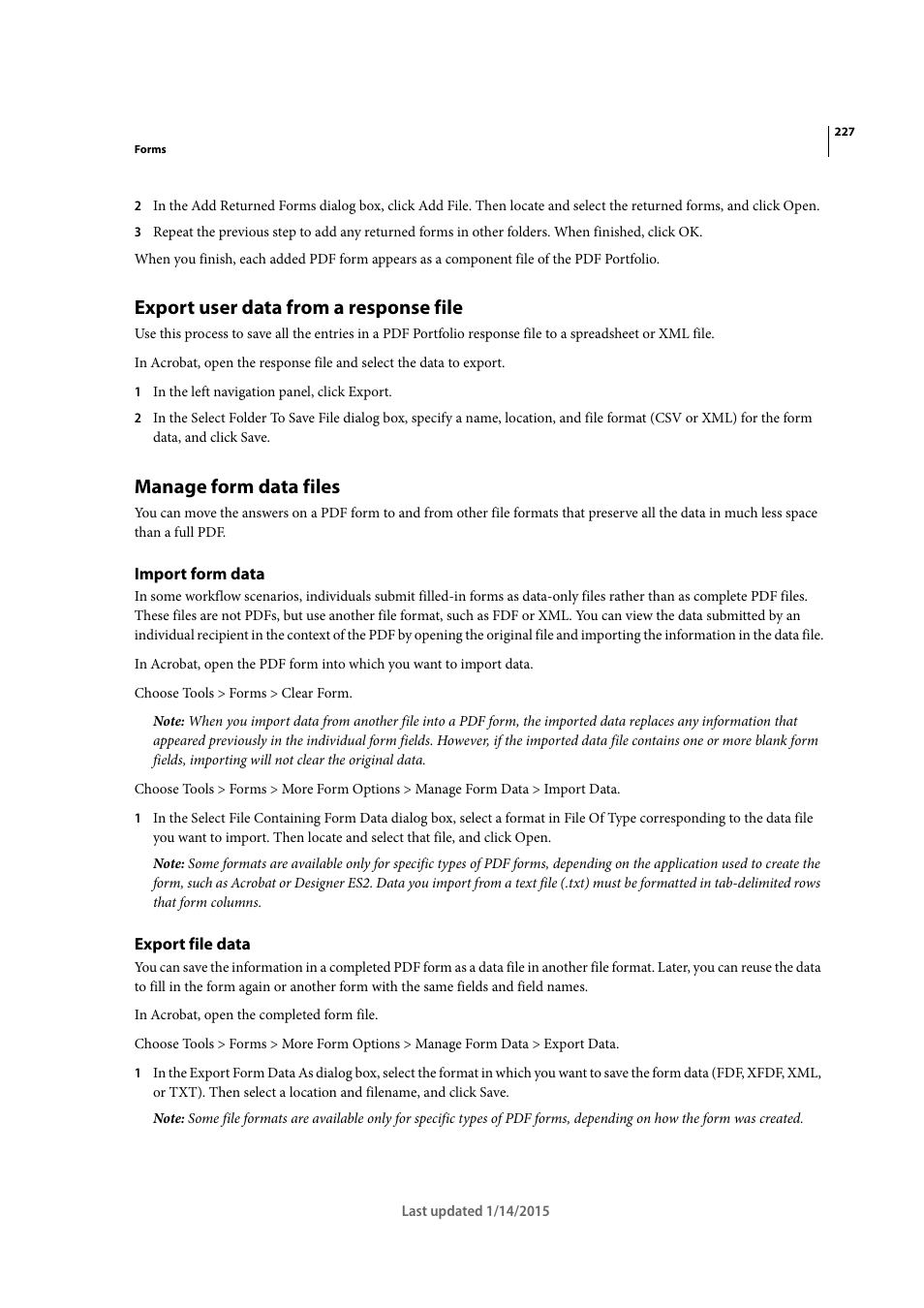 Export user data from a response file, Manage form data files, Import form data | Export file data | Adobe Acrobat XI User Manual | Page 234 / 590