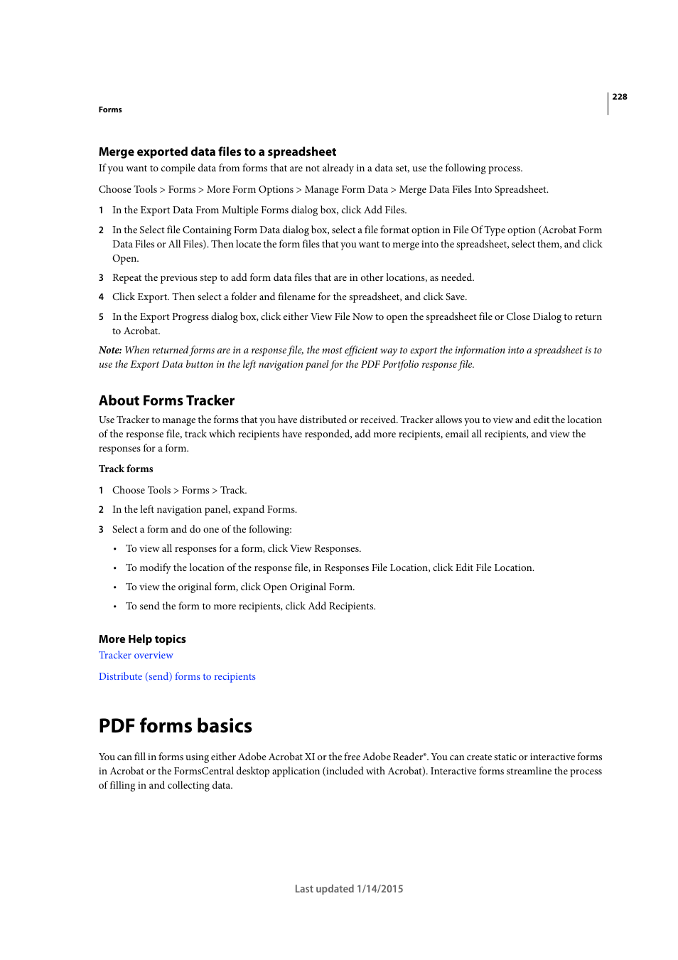 Merge exported data files to a spreadsheet, About forms tracker, Pdf forms basics | Adobe Acrobat XI User Manual | Page 235 / 590