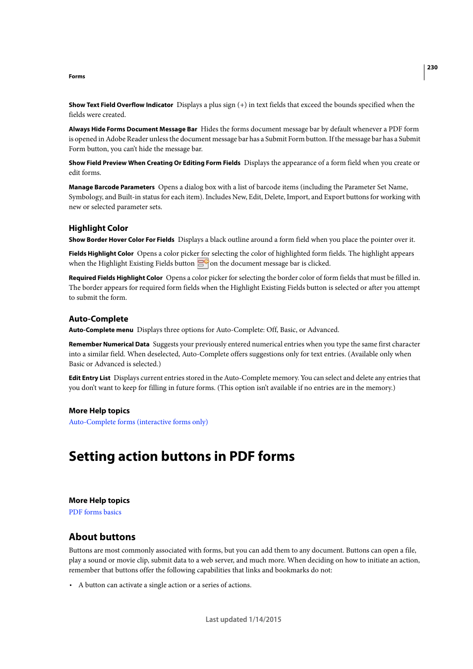 Highlight color, Auto-complete, Setting action buttons in pdf forms | About buttons | Adobe Acrobat XI User Manual | Page 237 / 590