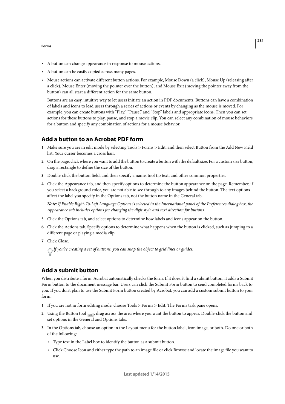 Add a button to an acrobat pdf form, Add a submit button | Adobe Acrobat XI User Manual | Page 238 / 590