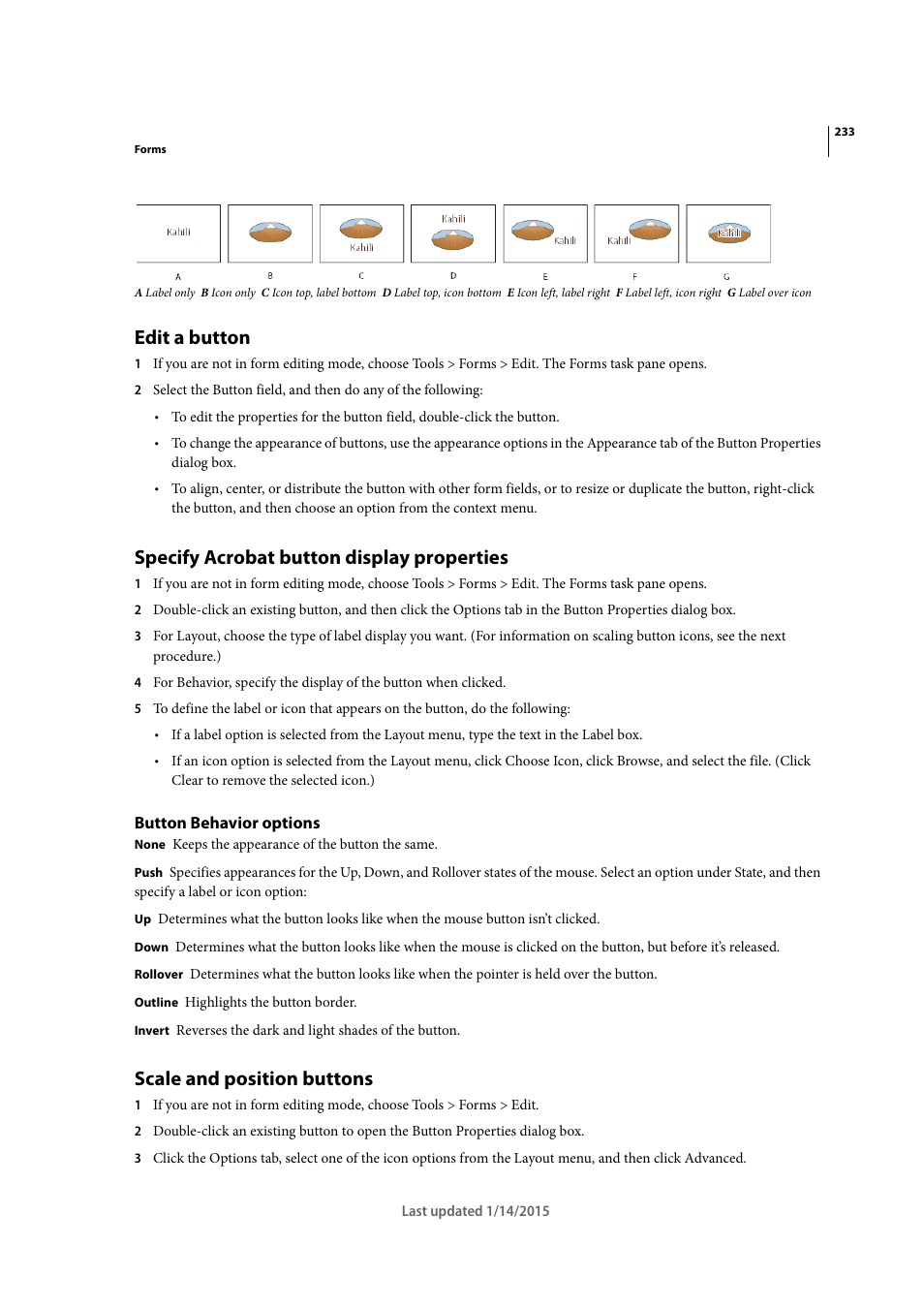 Edit a button, Specify acrobat button display properties, Button behavior options | Scale and position buttons | Adobe Acrobat XI User Manual | Page 240 / 590