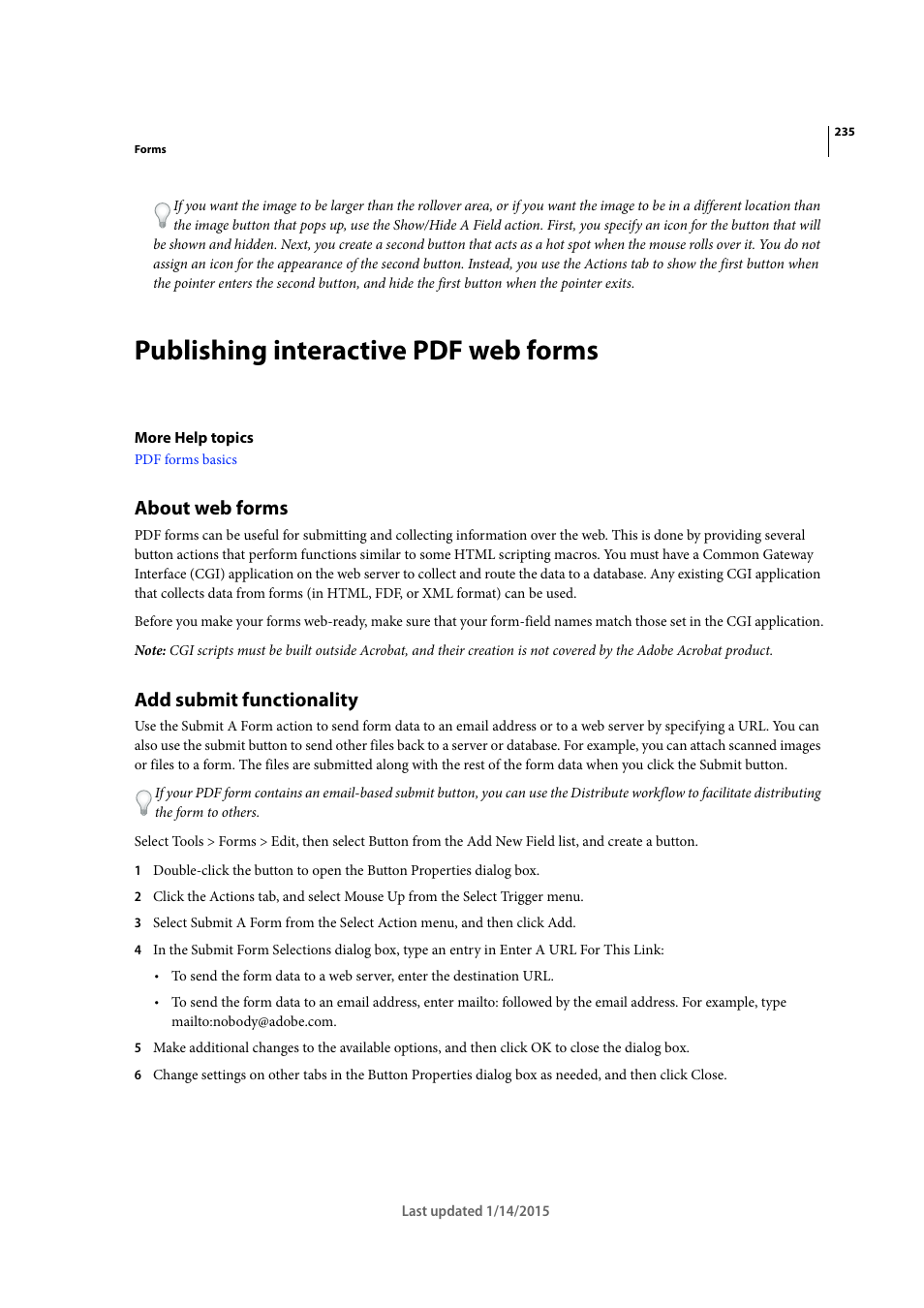 Publishing interactive pdf web forms, About web forms, Add submit functionality | Adobe Acrobat XI User Manual | Page 242 / 590