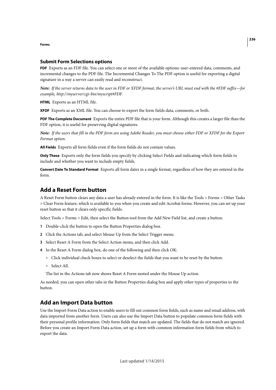 Submit form selections options, Add a reset form button, Add an import data button | Adobe Acrobat XI User Manual | Page 243 / 590