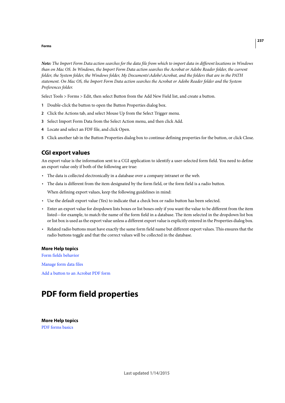 Cgi export values, Pdf form field properties | Adobe Acrobat XI User Manual | Page 244 / 590
