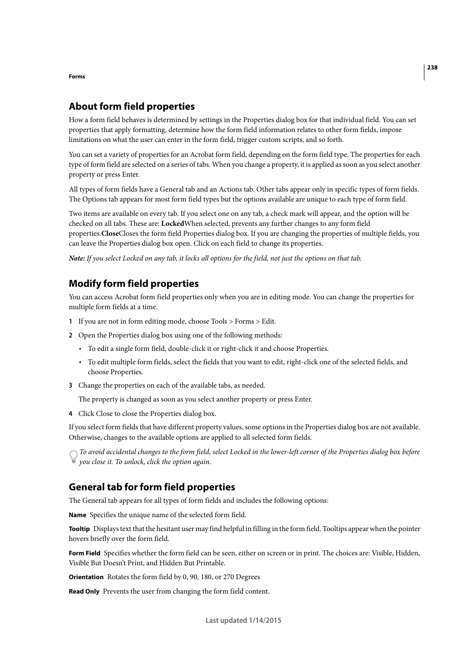 About form field properties, Modify form field properties, General tab for form field properties | Adobe Acrobat XI User Manual | Page 245 / 590