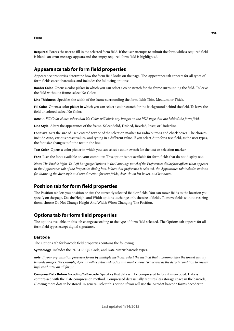 Appearance tab for form field properties, Position tab for form field properties, Options tab for form field properties | Barcode | Adobe Acrobat XI User Manual | Page 246 / 590