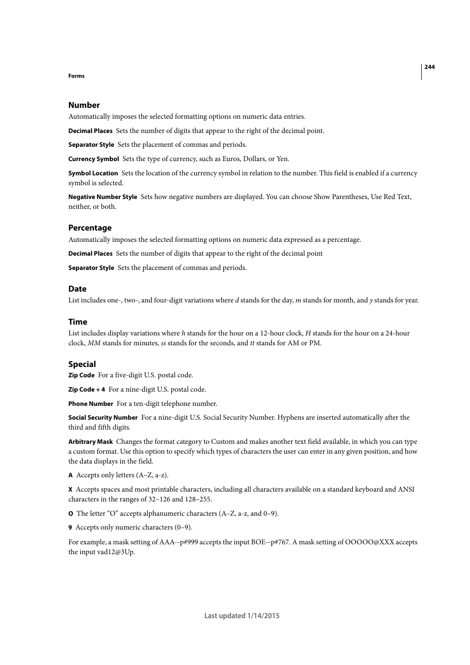 Number, Percentage, Date | Time, Special | Adobe Acrobat XI User Manual | Page 251 / 590