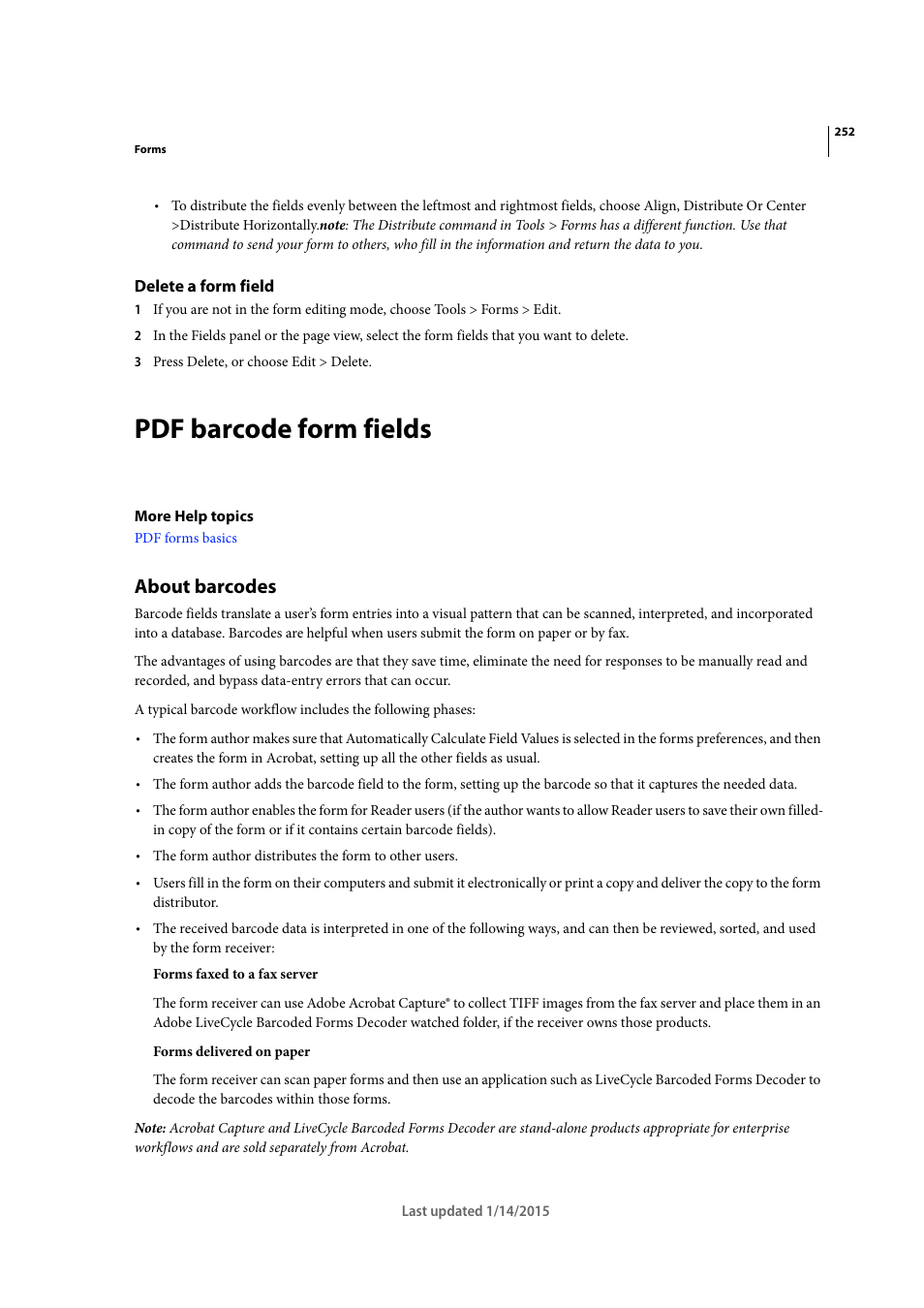 Delete a form field, Pdf barcode form fields, About barcodes | Adobe Acrobat XI User Manual | Page 259 / 590