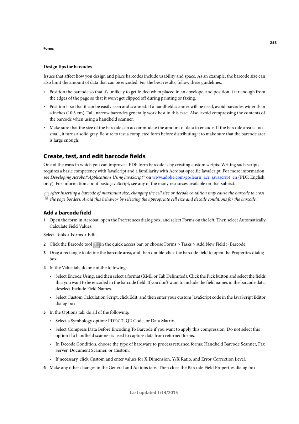 Create, test, and edit barcode fields, Add a barcode field | Adobe Acrobat XI User Manual | Page 260 / 590