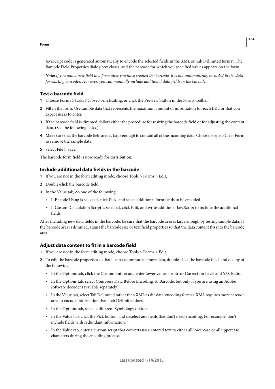 Test a barcode field, Include additional data fields in the barcode, Adjust data content to fit in a barcode field | Adobe Acrobat XI User Manual | Page 261 / 590